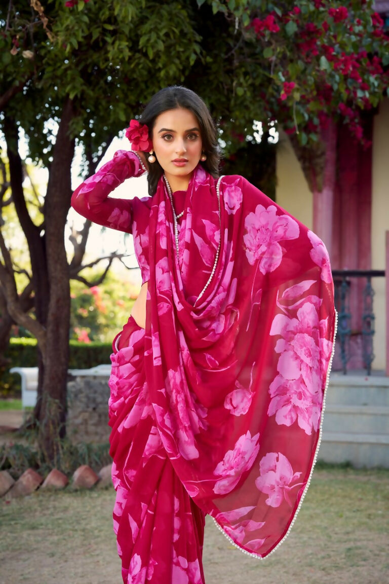 Vastranavya Pink Chiffon Floral Printed & Pearl Lace Border Saree with Unstitched Blouse