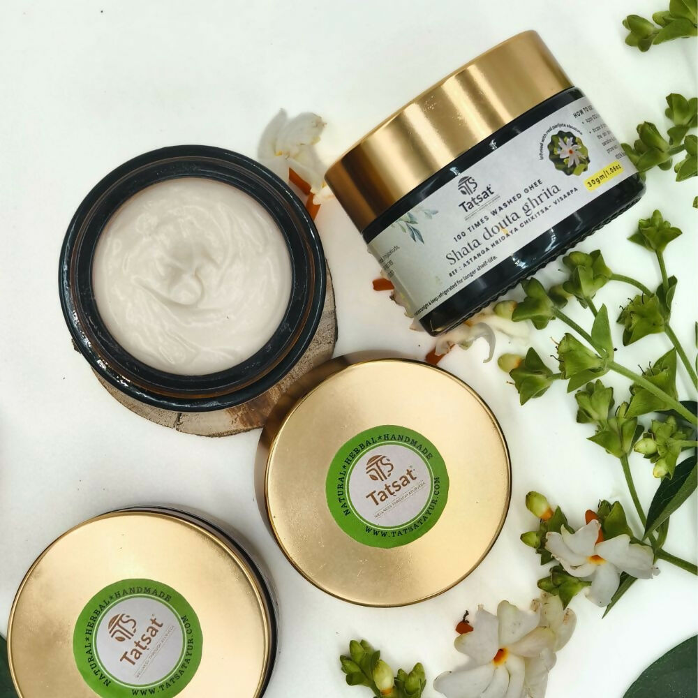 Tatsat Shata Dhauta Ghrita Infused With (Harshingar Flower Absolute)- 100 Times Washed Desi Cow A2 Ghee Moisturizing Cream