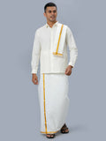 Ramraj Cotton Mens Wedding Cream Regular Dhoti, Shirt & Towel Set Subhakalyan 3/4"