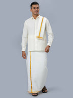 Ramraj Cotton Mens Wedding Cream Regular Dhoti, Shirt & Towel Set Subhakalyan 3/4"