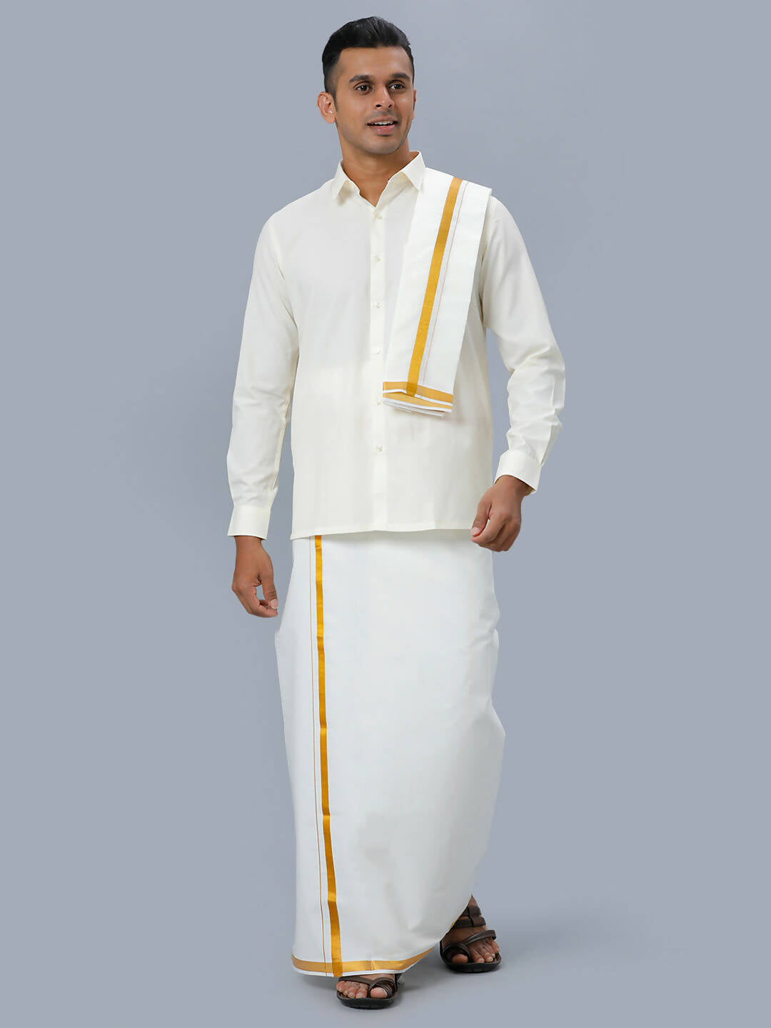 Ramraj Cotton Mens Wedding Cream Regular Dhoti, Shirt & Towel Set Subhakalyan 3/4"