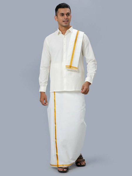 Ramraj Cotton Mens Wedding Cream Regular Dhoti, Shirt & Towel Set Subhakalyan 3/4"