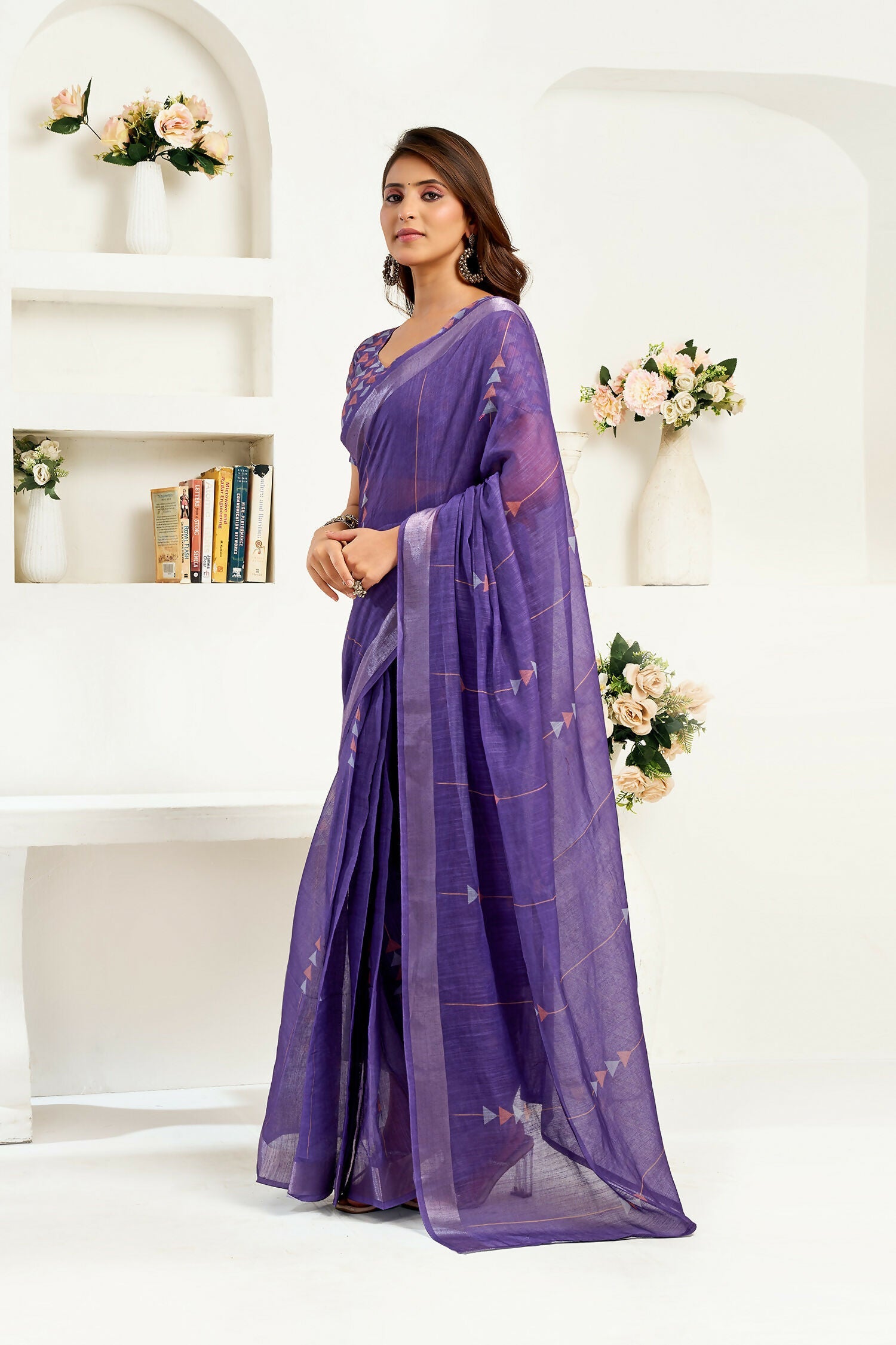 Joban Fashion Purple Geomatric Linen Ready To Wear Saree With Unstitched Blouse - Distacart