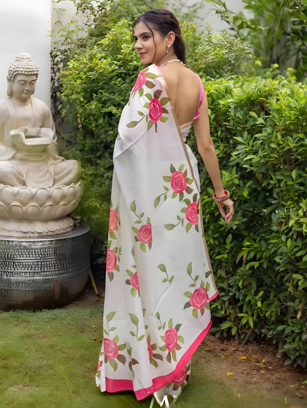 Prime Volt Women's White & Pink Floral Digital Print Soft Linen Saree With Gold Zari Border & Blouse - Distacart