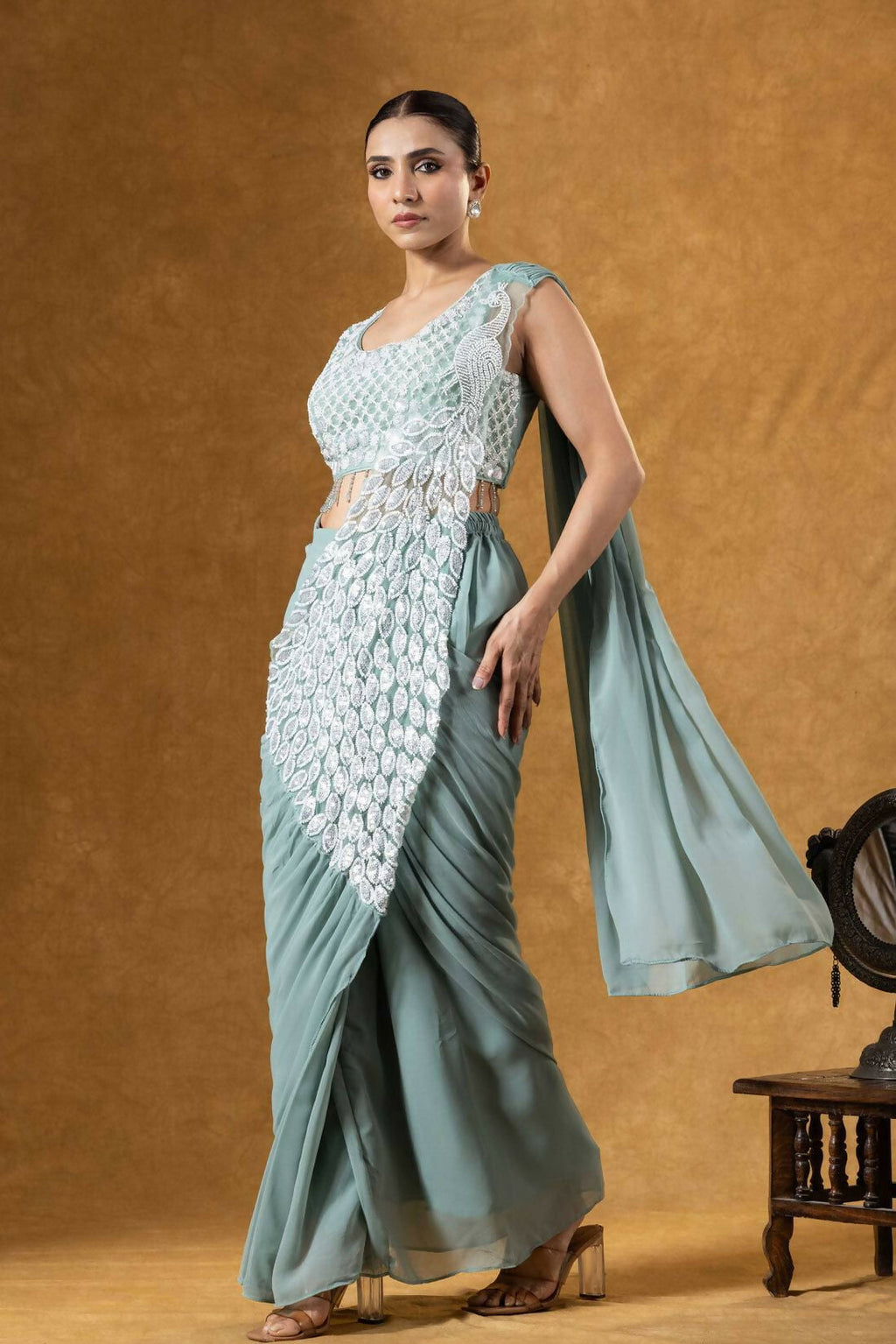 Teeya Creation Teal Color Faux Georgette Embroidery Work Party Wear Ready To Wear Saree - Distacart