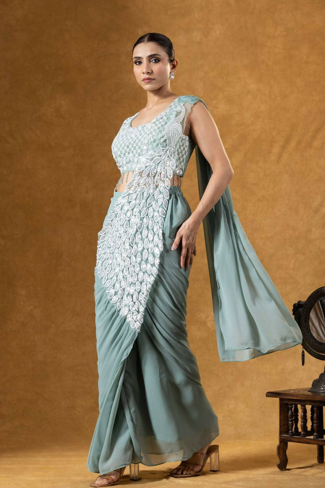 Teeya Creation Teal Color Faux Georgette Embroidery Work Party Wear Ready To Wear Saree - Distacart