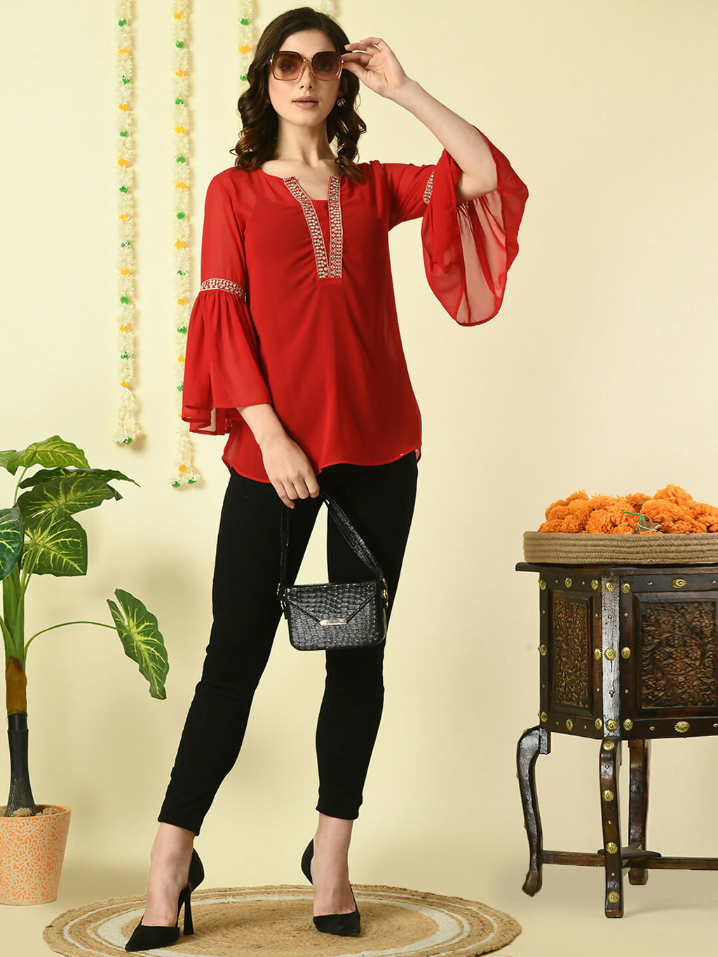 Myshka Women's Red Embroidered Party Fusion Top