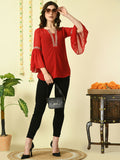 Myshka Women's Red Embroidered Party Fusion Top