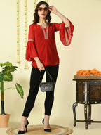 Myshka Women's Red Embroidered Party Fusion Top