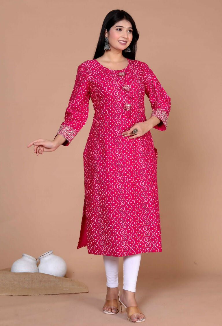 Miravan Women's Plus Size Pink Bandhani Pakistani Straight Kurti