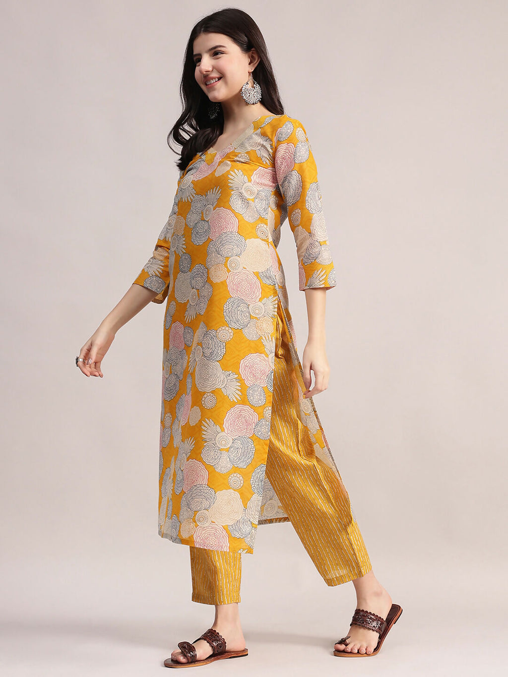 Aavyora Women Yellow Floral Printed Kurta with Striped Pants & Dupatta Set
