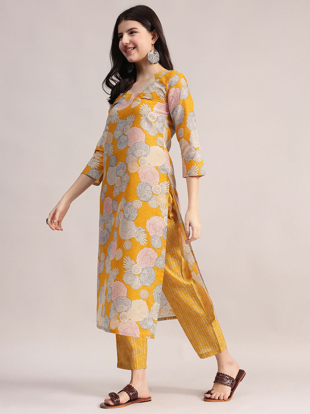 Aavyora Women Yellow Floral Printed Kurta with Striped Pants & Dupatta Set