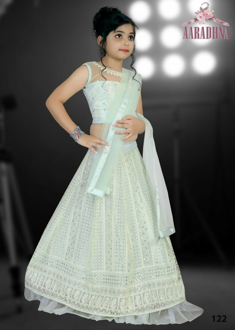 Wedding Designer Darkseagreen Net Kidswear Lahenga - Aaradhna