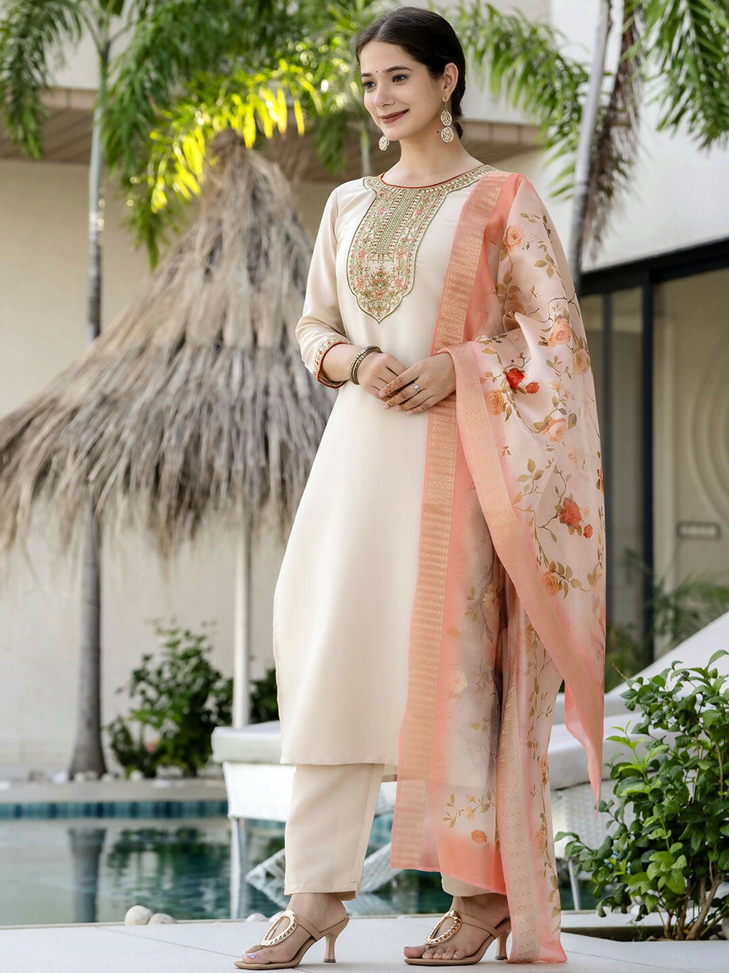 The52 Women's Beautiful Rayon Fabric Embroidery Work Straight Kurta Pant and Dupatta Set - Distacart
