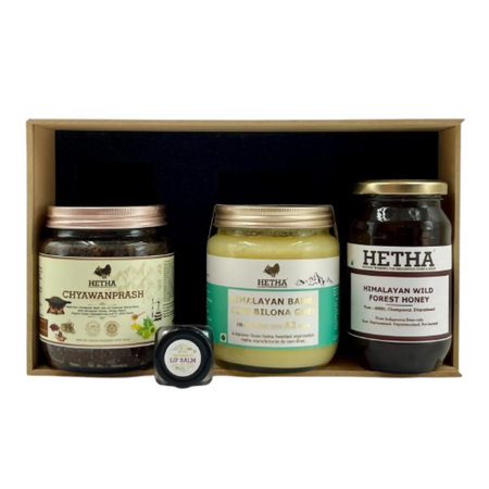 Hetha Gift Box with Himalayan Badri Cow A2 Cultured Bilona Ghee, Chyawanprash, Honey & Lip Balm