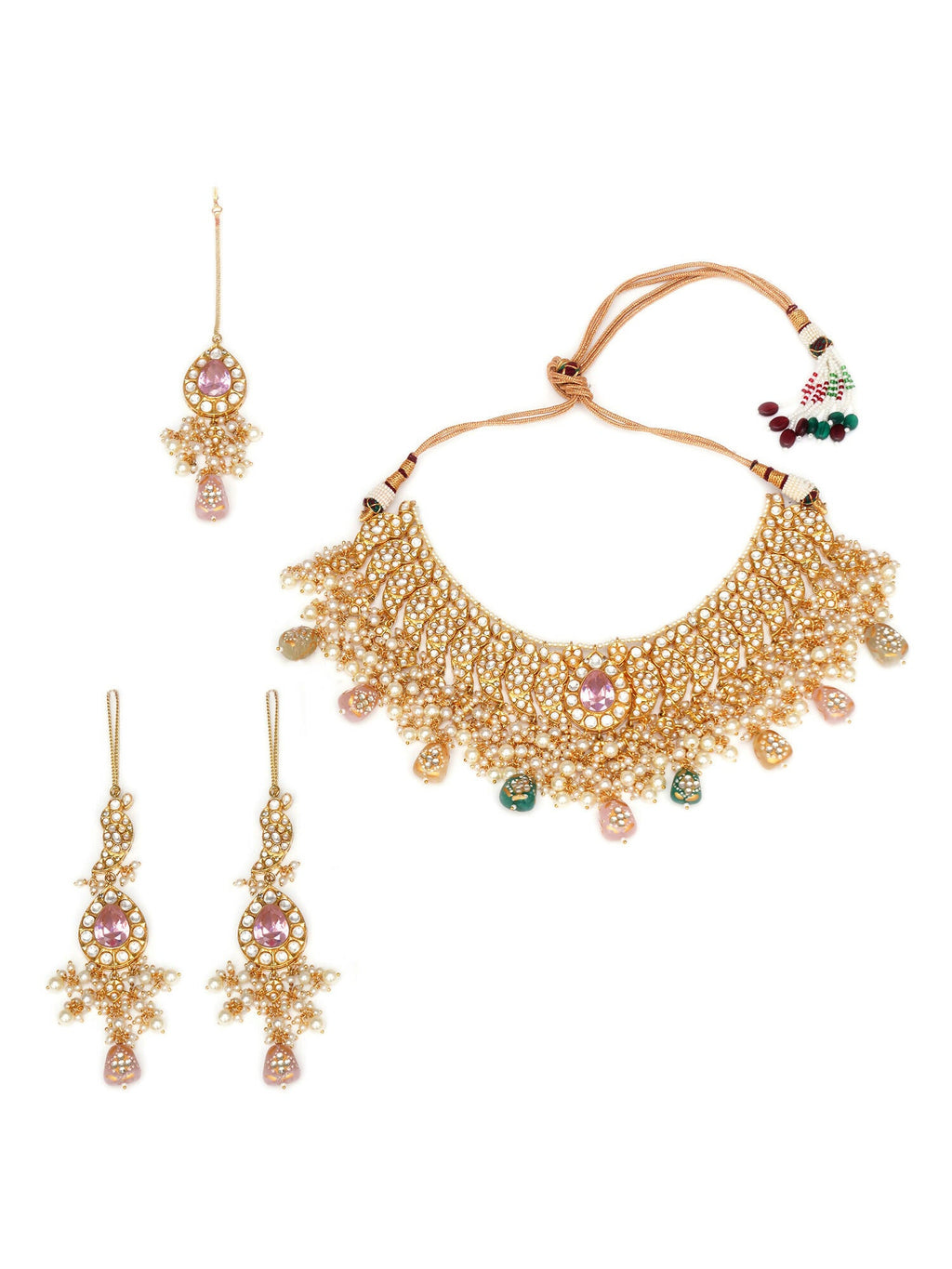 Kundan Choker with Matching Earrings & Maang Tikka Jewellery Set (Gold) - Ruby Raang