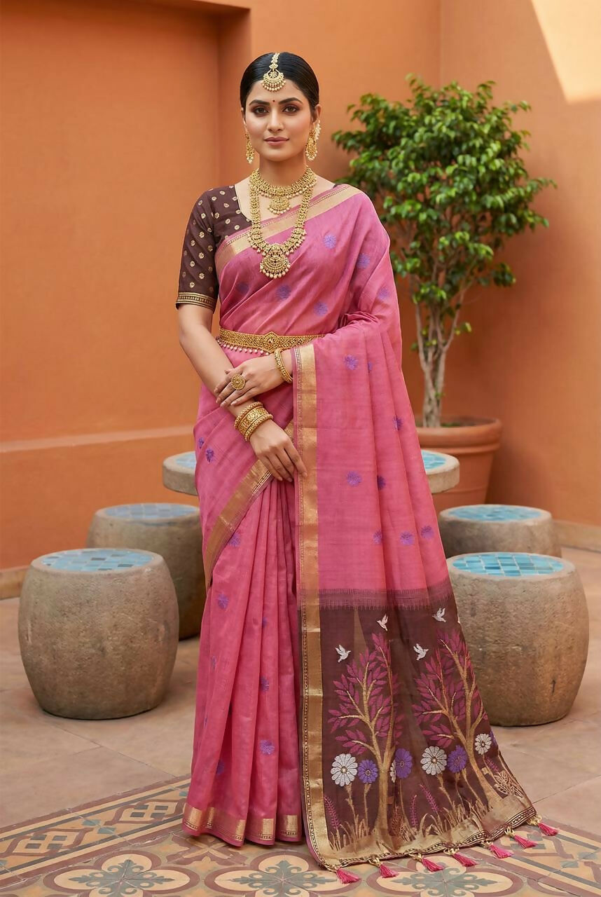 Vastranavya Pink Muga Cotton Meenakari & Azarakh Pallu Saree with Contrast Blouse - Distacart