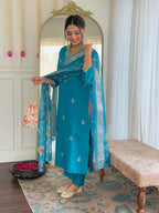 The52 Blue Women's Gorgeous Viscose Fabric Embroidered Work Straight Kurta, Pant and Dupatta Set - Distacart