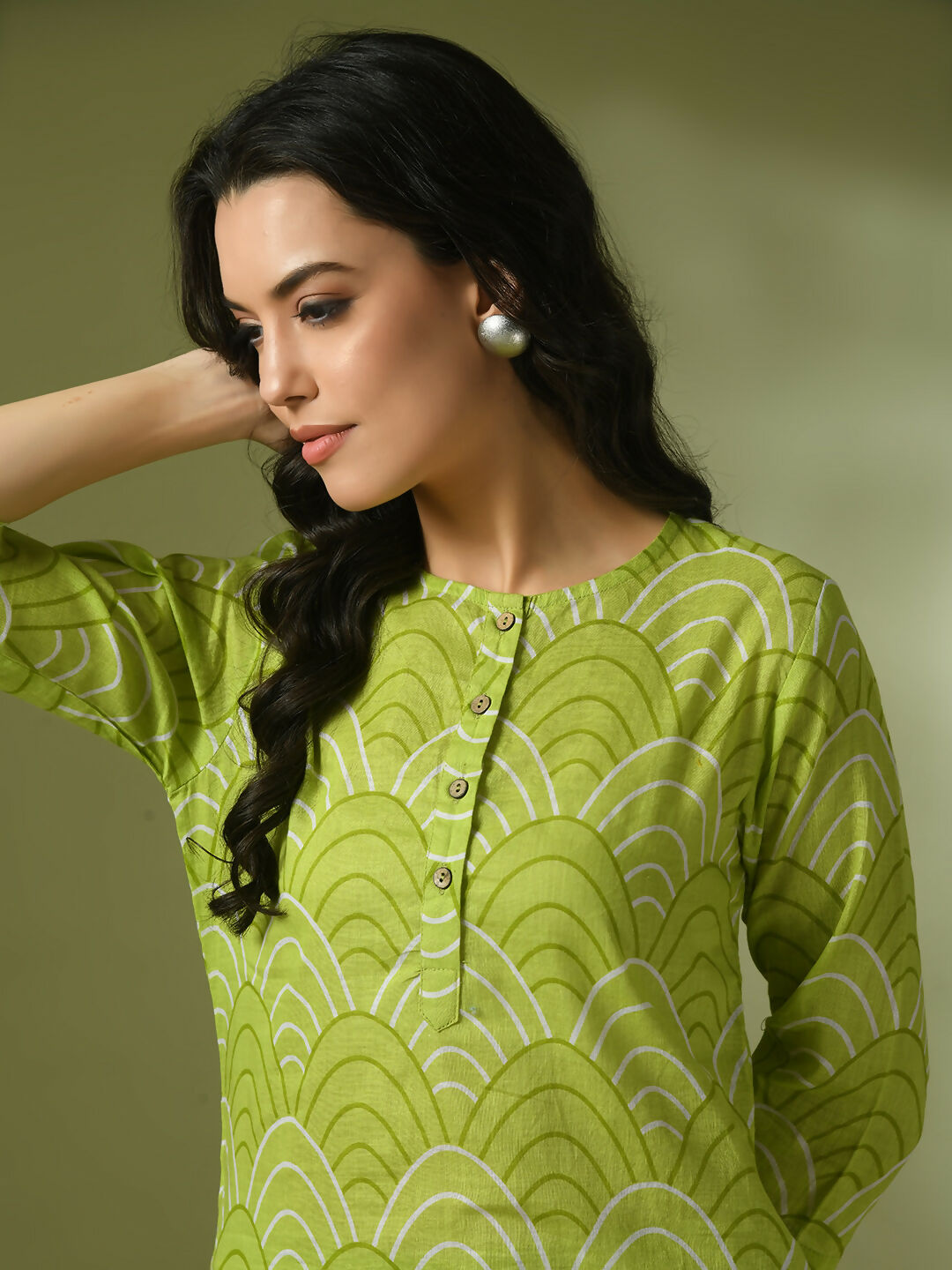 Myshka Women's Green Printed Cotton Round Neck Party Tunic With Trousers Co-ord set