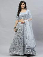 Sky Blue Georgette Paper Mirror Embroidery Work Lehenga Choli with Dupatta - Jivika