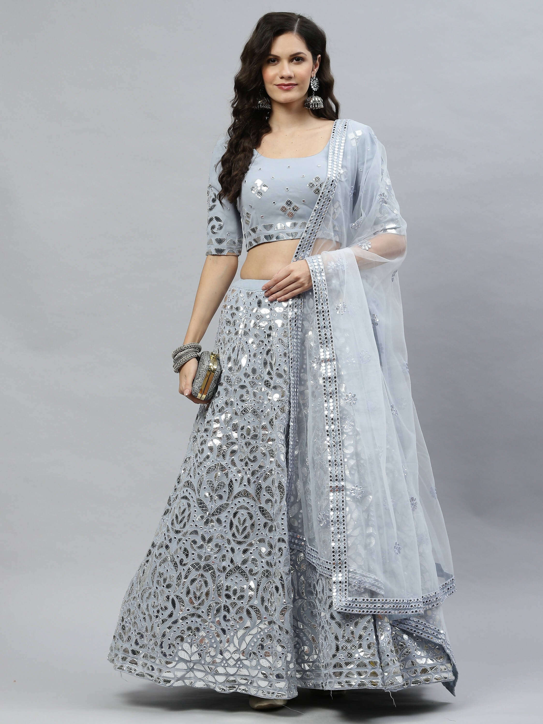 Sky Blue Georgette Paper Mirror Embroidery Work Lehenga Choli with Dupatta - Jivika