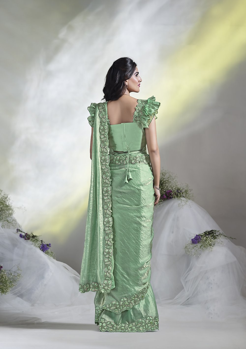 Sea Green Two Tone Satin Silk Designer Ready to wear saree with stithced Blouse - Mohmanthan Aura