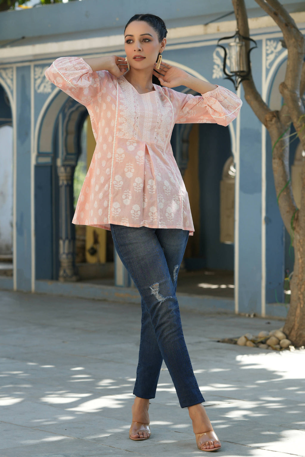 Juniper Women's Peach Cambric Placement Floral Printed Tunic - Distacart