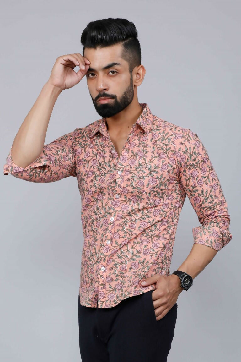 Miravan Men's Orange Printed Full Sleeve Cotton Shirt