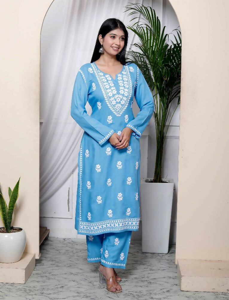 Miravan Womens Blue Embroidered Kurta With Palazzo - Distacart