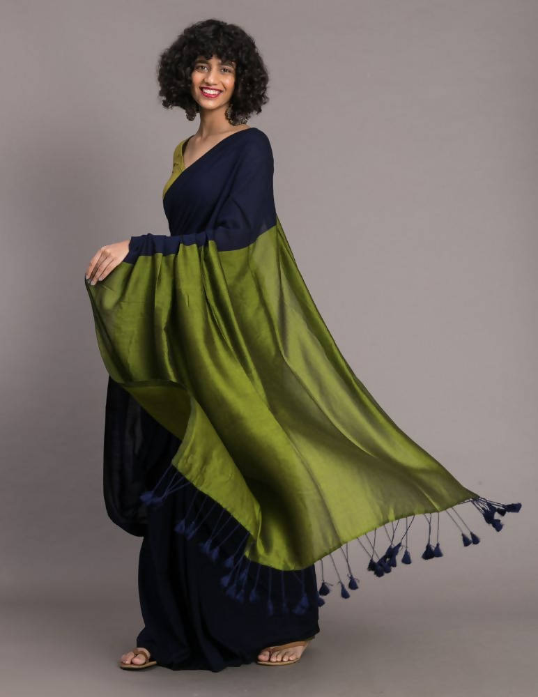 Suta Blue Green Colourblocked Cotton Blend Saree - Distacart