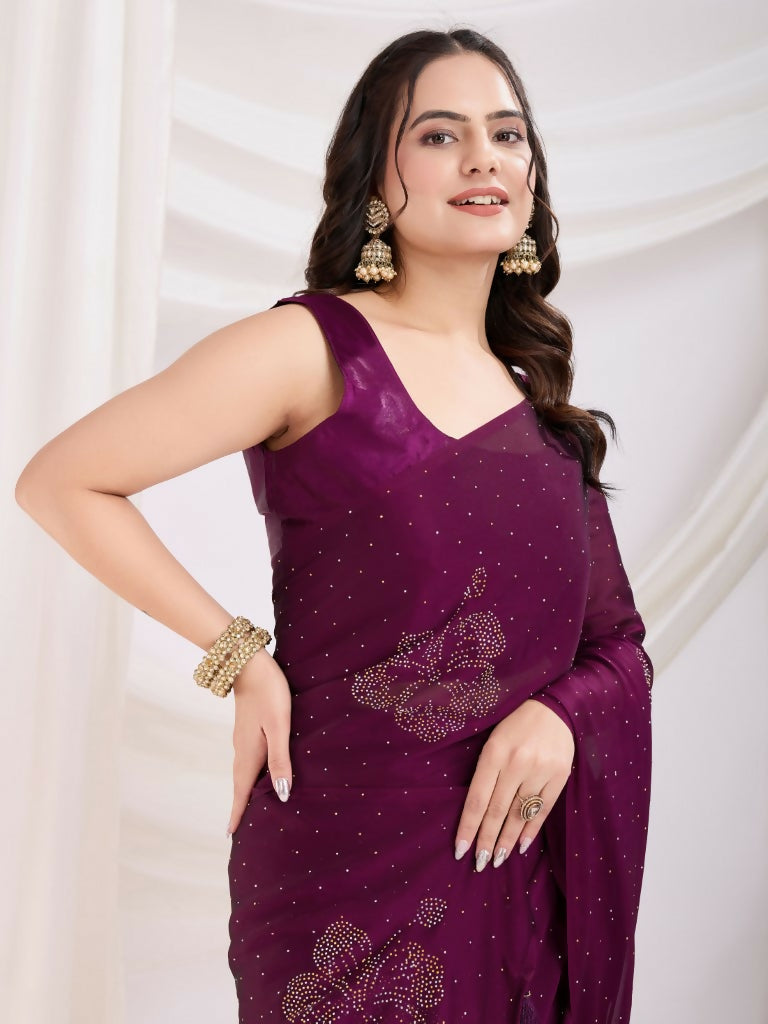 Purple Rangoli Silk Diamond Work Ready To Wear Saree - Tamana