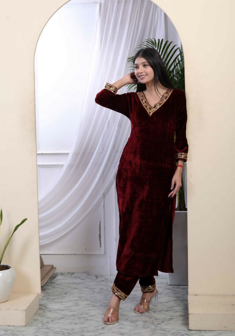 Miravan Women's Maroon Velvet Sequence Work Straight Kurta With Palazzo