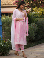 Juniper Women's Pink Cambric Floral Print Kurta Straight Pant And Duptta Sets - Distacart