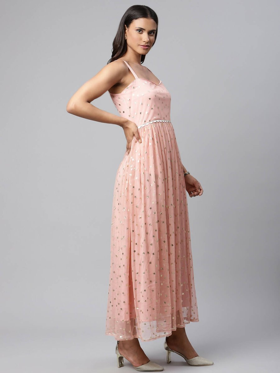 Ahalyaa Women Pink Net Gold Foil Print Dress - Distacart