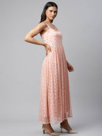 Ahalyaa Women Pink Net Gold Foil Print Dress - Distacart