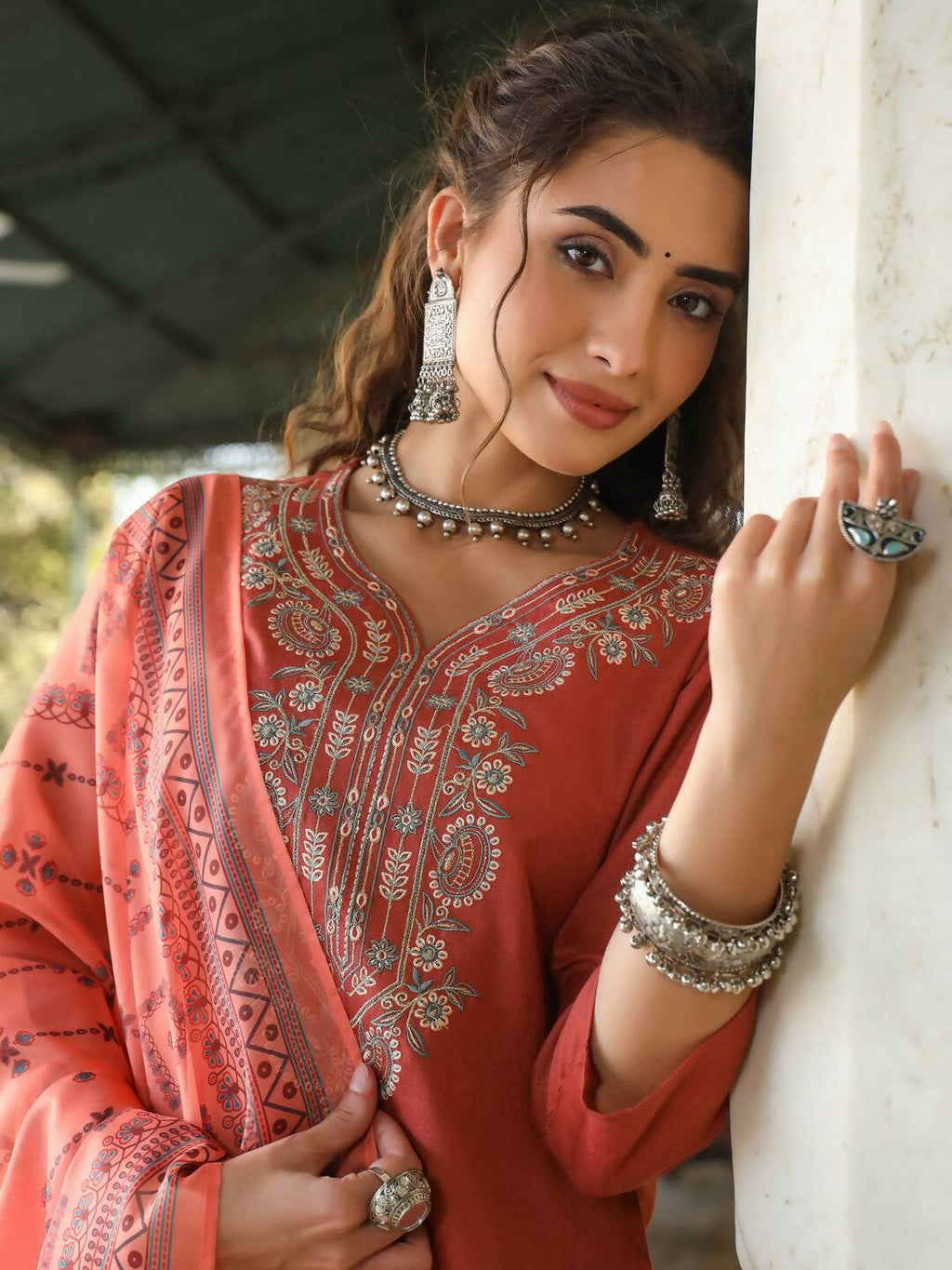Juniper Women's Rust Silk Solid Embroidered Kurta Set - Distacart