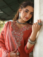 Juniper Women's Rust Silk Solid Embroidered Kurta Set - Distacart
