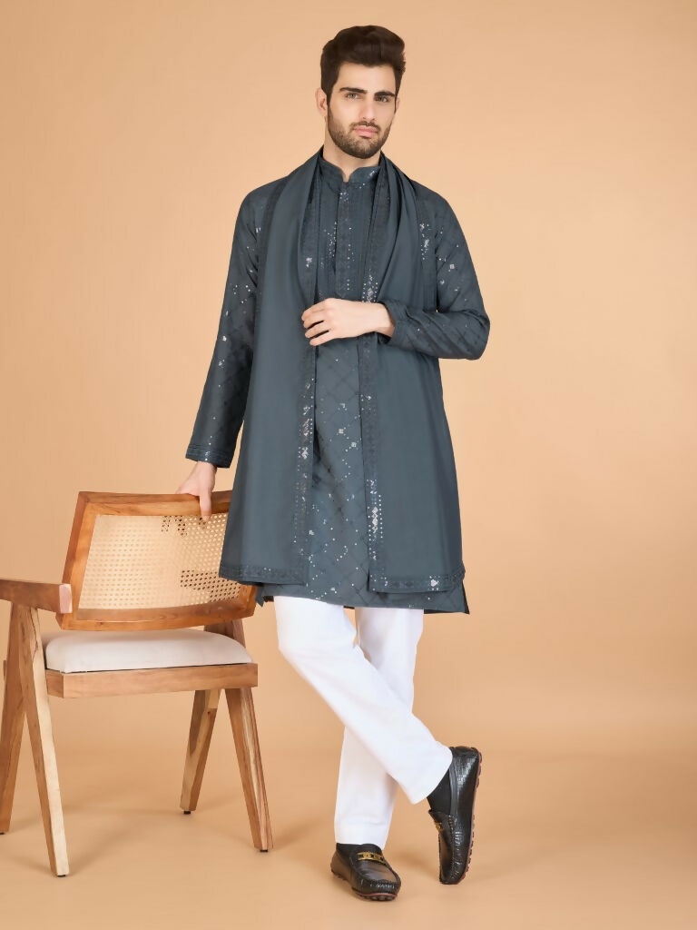 Vastranavya Grey Exclusive Festival Wear Viscose Silk Thread & Sequence Embroidered Work Kurta with Dupatta