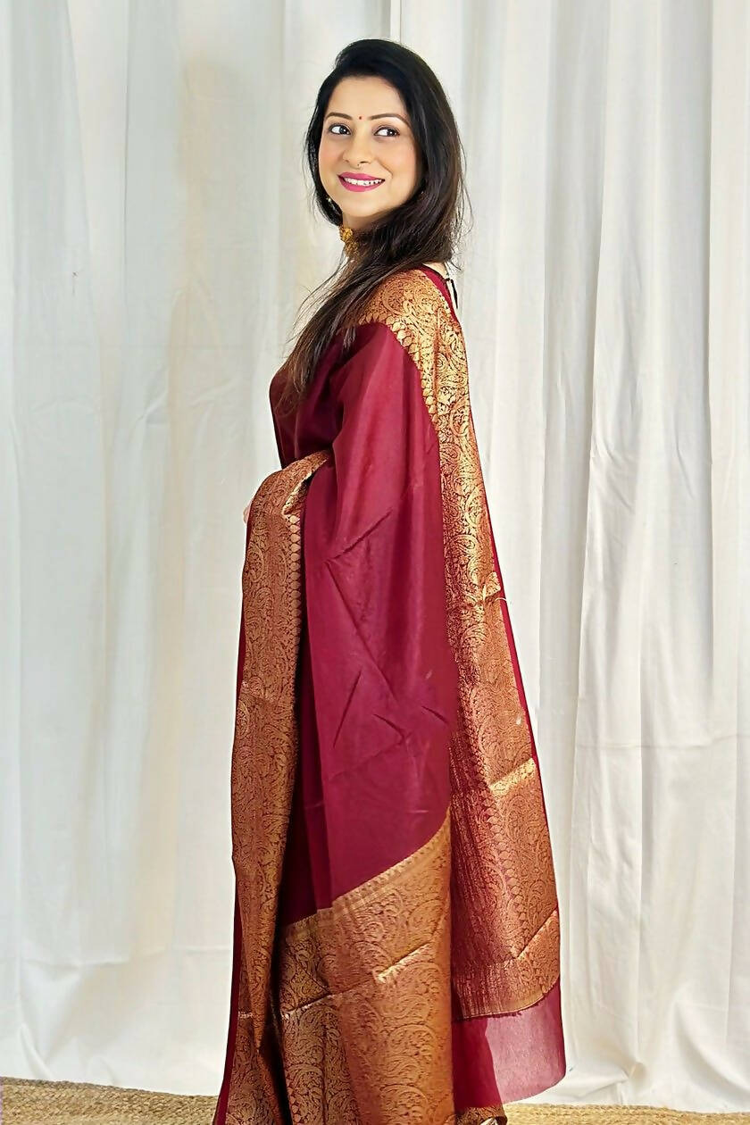 DEIANA'S Beautiful Designer Golden zari Soft Lichi Silk Saree - Maroon