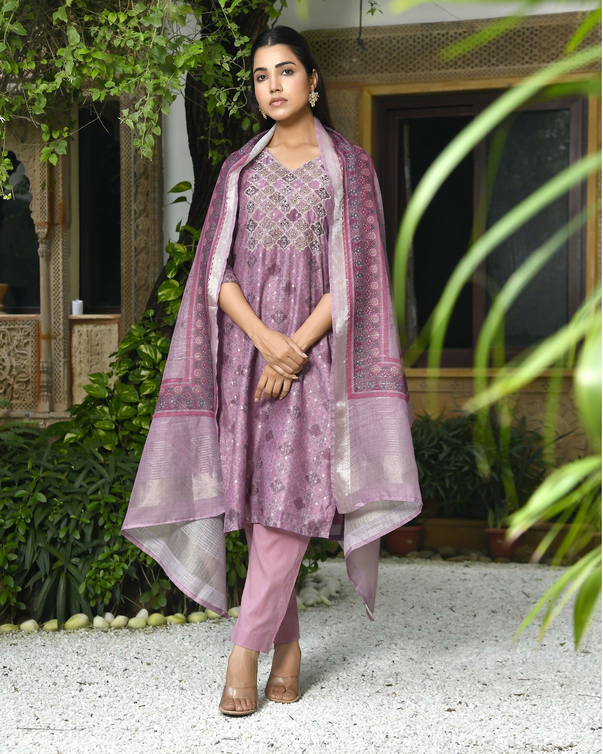 Vaasva Women's Chanderi Printed Suit Set With Pant And Printed Dupatta