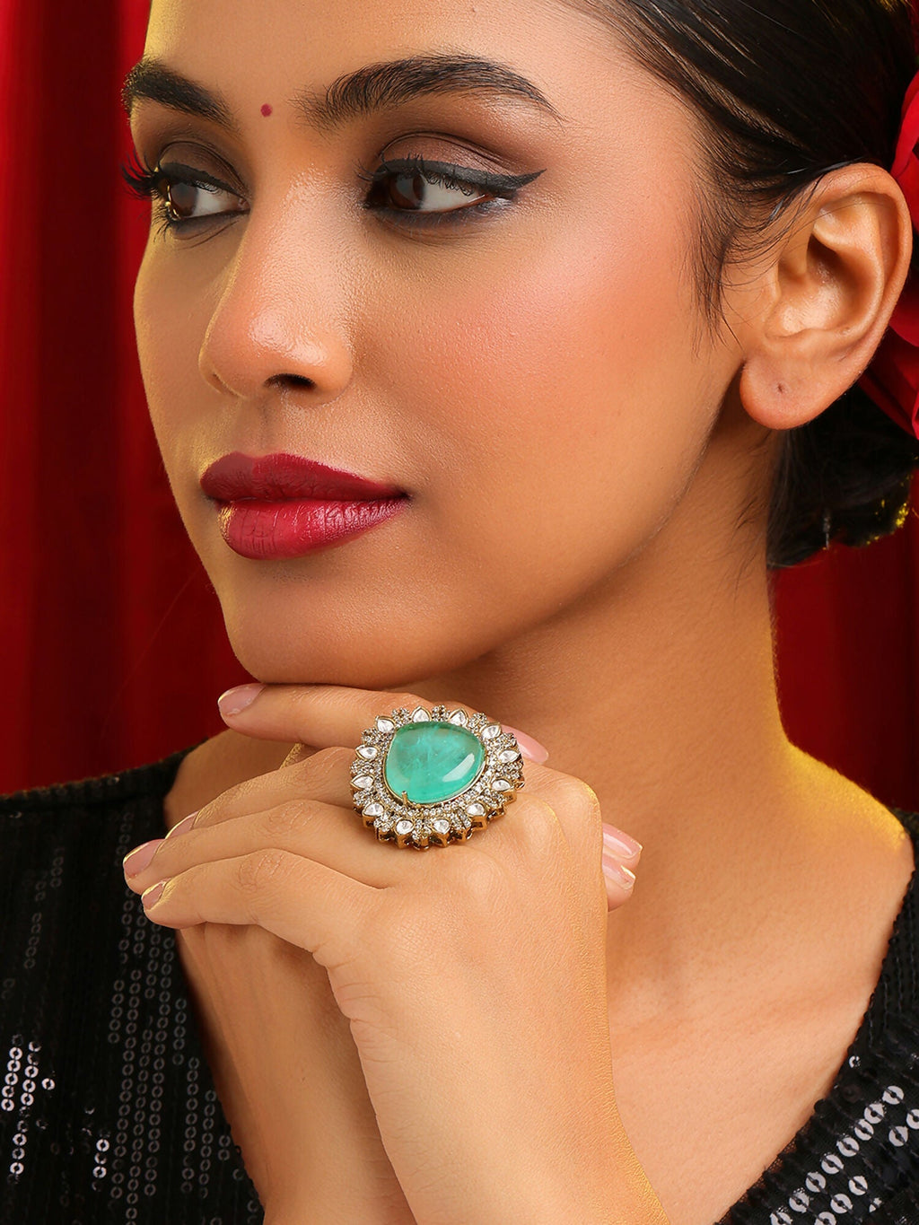 Ruby Raang Teardrop Green Stone Ring