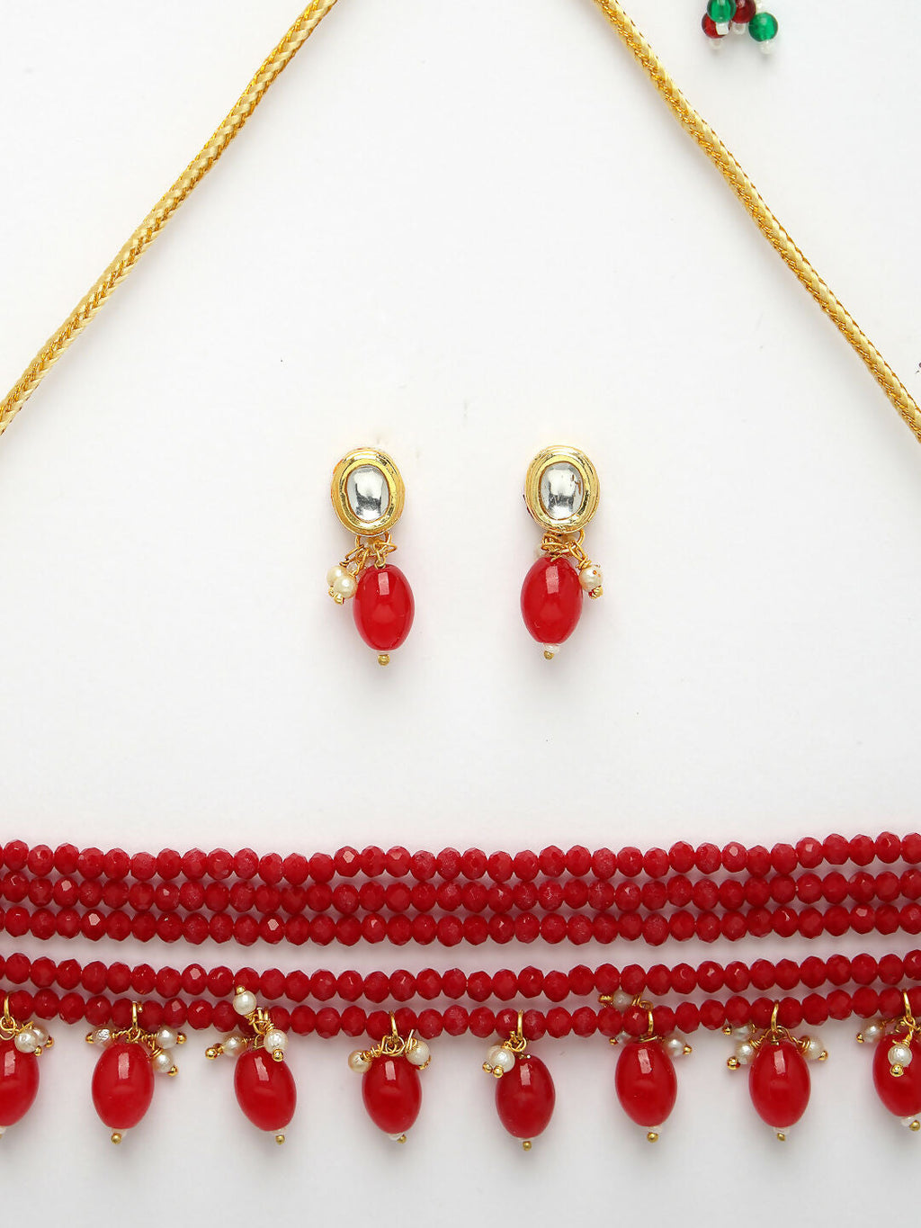NVR Women's Red Artificial Beads Layered Necklace with Drop Earring