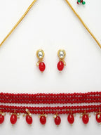 NVR Women's Red Artificial Beads Layered Necklace with Drop Earring