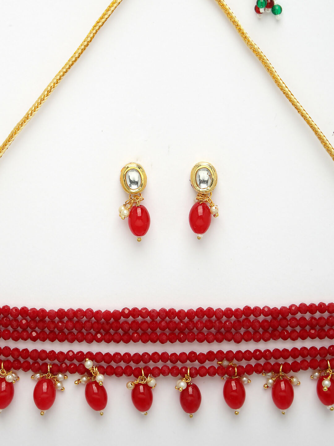 NVR Women's Red Artificial Beads Layered Necklace with Drop Earring