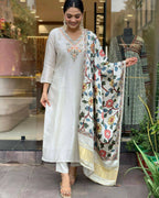 The52 Off White Women's Gorgeous Embroidered Viscose Chanderi Fabric Straight Kurta Pant with Dupatta Set - Distacart