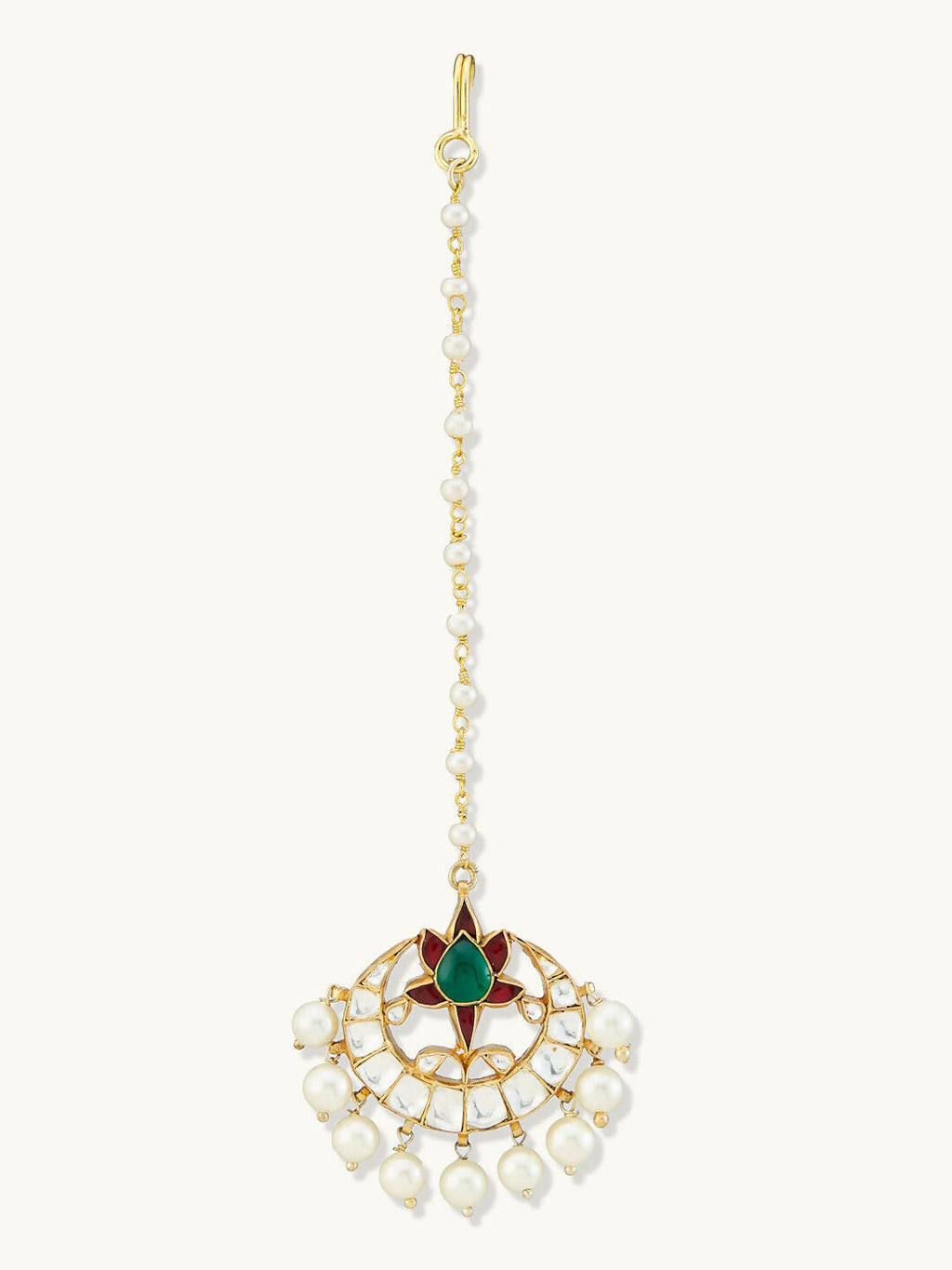 Nuyug 22K Gold-Plated Green Stone & Kundan Studded with Pearl Drop Maang Tikka Head Jewellery - Distacart