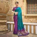 Purple & Blue Gajji Silk Pure Handwork Saree With Unstitched Blouse - Norita Gajri