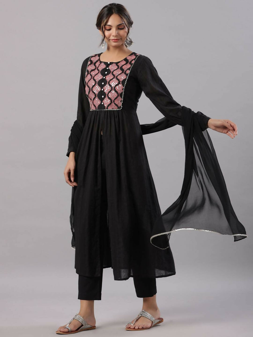 Juniper Women's Black Cotton Dobby Solid With Embroidery Flared Kurta Sets - Distacart