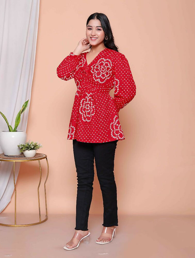 Miravan Womens Red Bandhani Printed Cotton Butterfly Design Top
