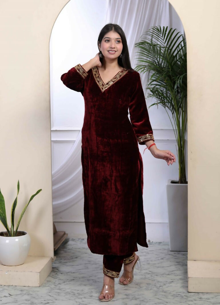 Miravan Women's Maroon Velvet Sequence Work Straight Kurta With Palazzo